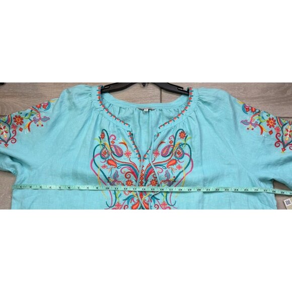 John Mark Tunic Top Turquoise Linen Embroidered Nwt Tassel 3/4 Sleeve 2X - Picture 10 of 13